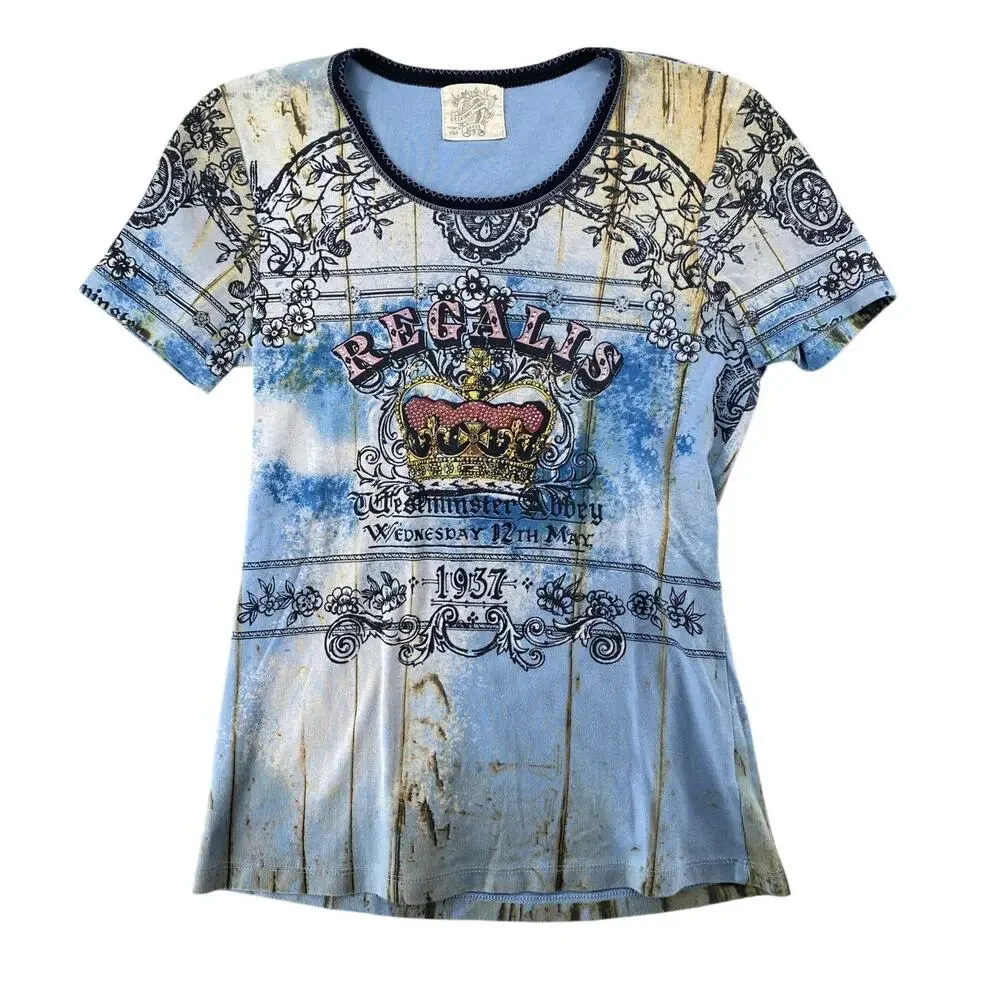 Y2K Regal Crown Graphic Baby Tee Blue Grunge Fairycore Top Women’s Large